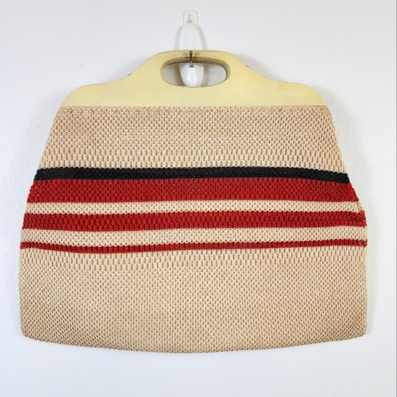 Vintage Handbag Women's Beige Red Striped Woven Textured Purse Wooden Handles - Picture 1 of 14